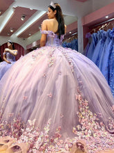 Lavender Off-the-Shoulder Sleeveless 3D Floral Butterfly Ball Gown Quinceanera Gown
