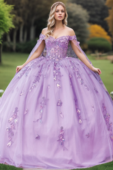 Lavender Off-the-Shoulder Sleeveless Floral Applique Beaded Ball Gown Quinceanera Dress