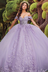Lavender Off-the-Shoulder Sleeveless Lace Applique Rhinestone Ball Gown Quinceanera Dress