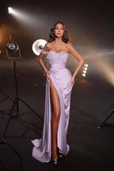 Lilac off-the-shoulder beaded mermaid evening dress