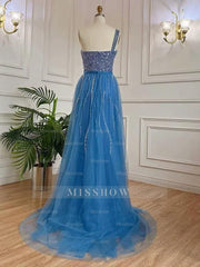 Lavender One Shoulder Beaded Sleeveless Mermaid Tulle Floor Length Formal Evening Gown
