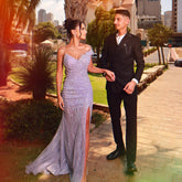 Lavender One Shoulder Sleeveless Mermaid Sequined Split Front Floor Length Evening Gown