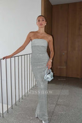 Lavender Rhinestone Sequins Strapless Sleeveless Bodycon Floor Length Formal Evening Dress
