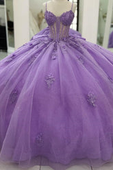 Lavender Spaghetti Straps Sleeveless Floral Applique Beaded Ball Gown Quinceanera Dress