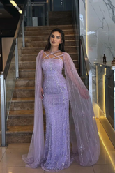 Lavender Strapless Beaded Sequined Column Cape Sleeves Floor Length Formal Evening Gown
