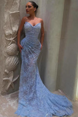 Lavender Strapless Sweetheart Applique Lace Ruched Mermaid Floor Formal Evening Gown