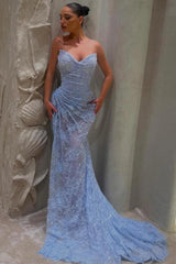 Lavender Strapless Sweetheart Applique Lace Ruched Mermaid Floor Formal Evening Gown
