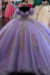 Lavender Sweetheart Cap Sleeve Beaded Floral Applique Ruffled Ball Gown Quinceanera Dress