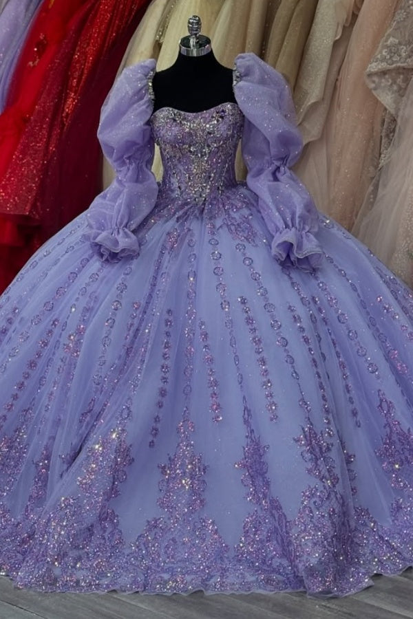 Lavender Sweetheart Long Lantern Sleeves Beaded Sequined Ball Gown Quinceanera Dress