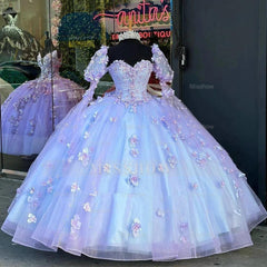 Lavender Sweetheart Long Sleeve 3D Floral Applique Beaded Ball Gown Quinceanera Dress