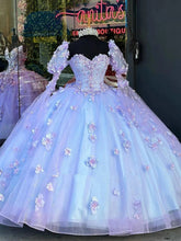Lavender Sweetheart Long Sleeve 3D Floral Applique Beaded Ball Gown Quinceanera Dress