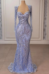Lavender Sweetheart Long Sleeve Sequin Beaded Mermaid Floor Length Formal Evening Gown