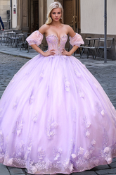 Lavender Sweetheart Short Sleeve Beaded Floral Applique Ball Gown Quinceanera Dress