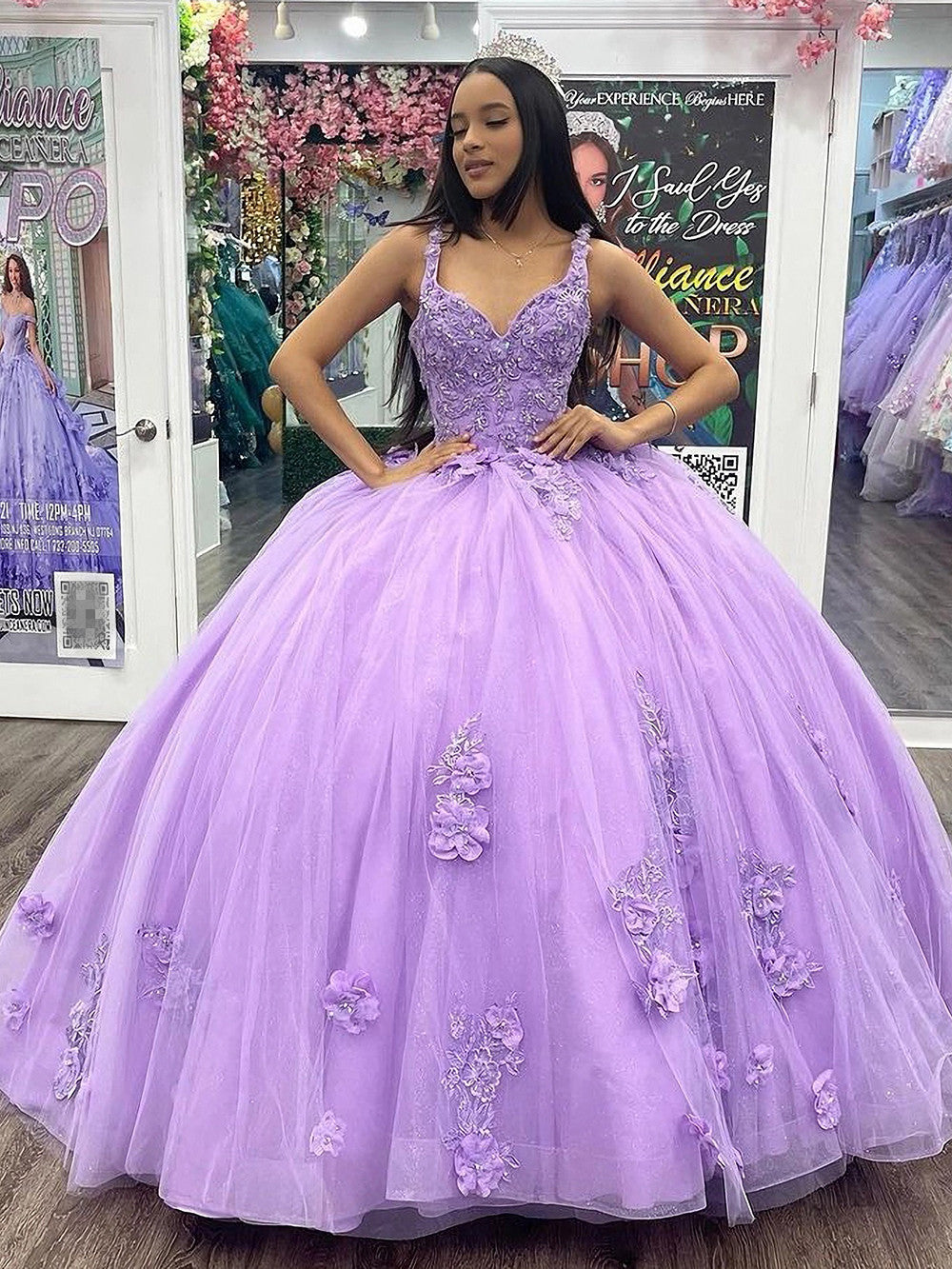 Lavender Sweetheart Sleeveless 3D Floral Applique Beaded Ball Gown Quinceanera Dress