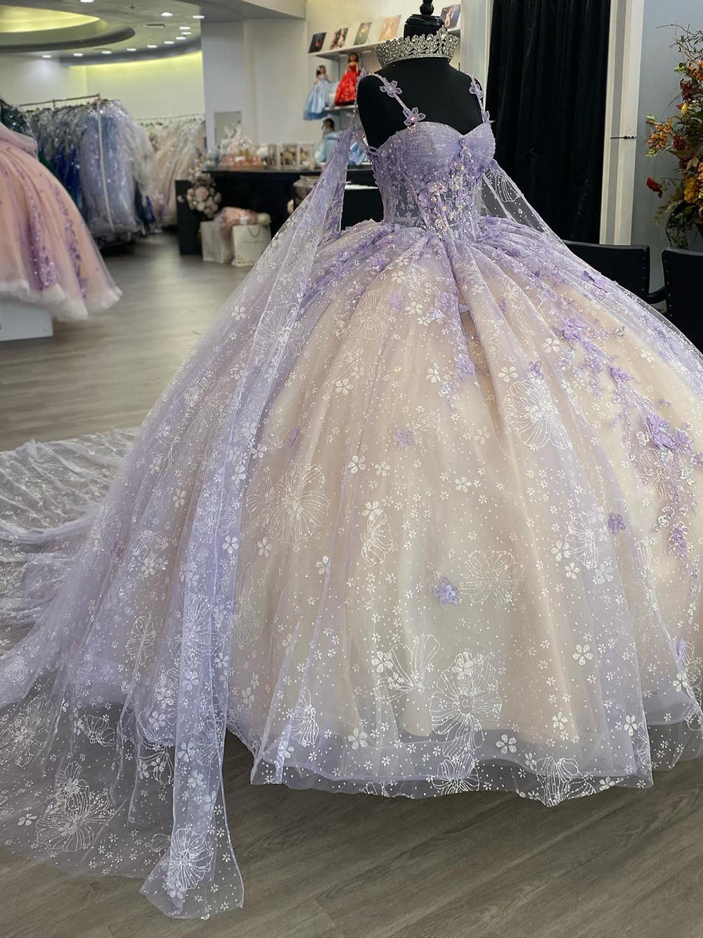 Lavender Sweetheart Sleeveless Floral Applique Beaded Tulle Ball Gown Quinceanera Dress