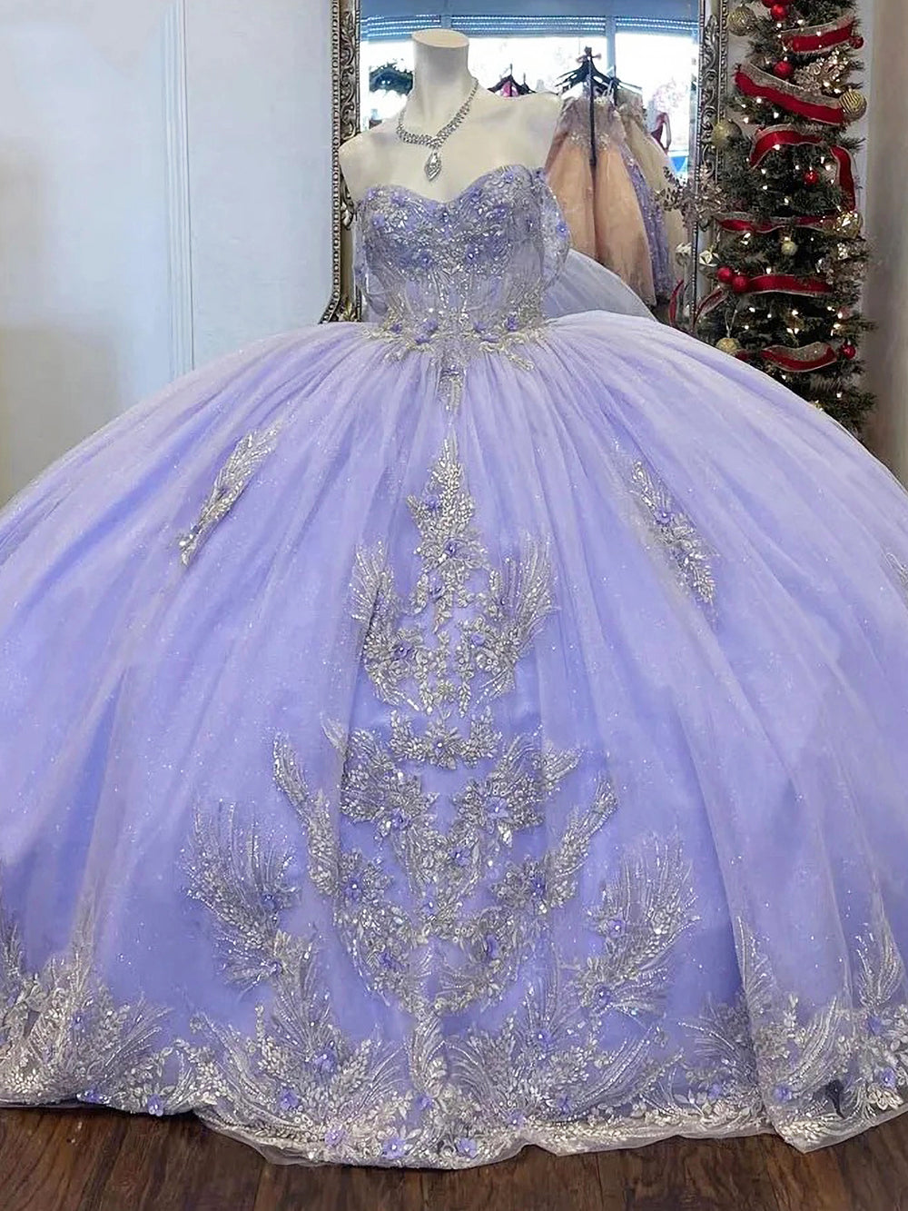 Lavender Sweetheart Sleeveless Silver Floral Applique Beaded Ball Gown Quinceanera Dress