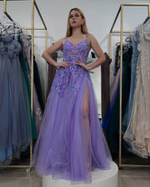Lavender V-Neck Spaghetti Straps Floral Applique A-Line Tulle High Formal Evening Gown
