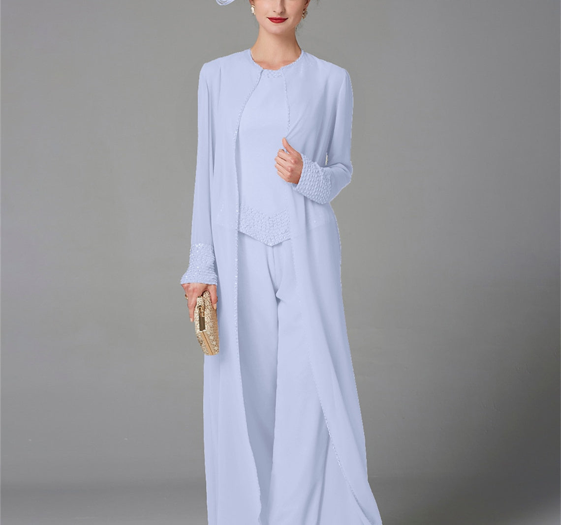 Chiffon Long Sleeves Mother Of The Bride Pantsuits With Jacket Sequins