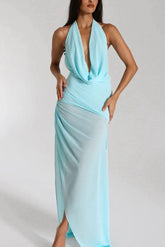Light Blue Halter Sleeveless Ruched Slit Column Satin Floor Length Formal Evening Gown