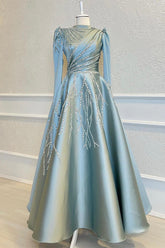 Light Blue High Neck Long Sleeve Ball Gown Satin Rhinestone Beaded Formal Evening Gown