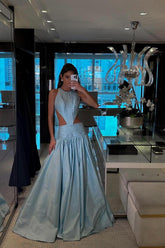 Light Blue High Neck Sleeveless A-Line Ruched Cutout Floor Length Formal Evening Dress