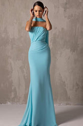 Light blue high neck ruched mermaid evening dress