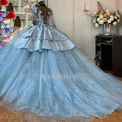 Light Blue Illusion Sweetheart Long Sleeve Lace Applique 3D Ball Gown Quinceanera Dress