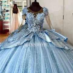 Light Blue Illusion Sweetheart Long Sleeve Lace Applique 3D Ball Gown Quinceanera Dress