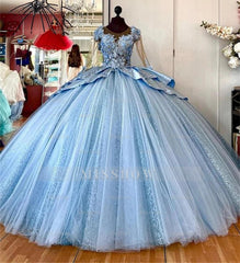 Light Blue Illusion Sweetheart Long Sleeve Lace Applique 3D Ball Gown Quinceanera Dress