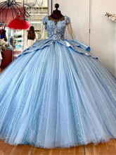 Light Blue Illusion Sweetheart Long Sleeve Lace Applique 3D Ball Gown Quinceanera Dress