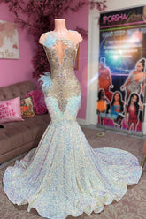 Silver v-neck rhinestone mermaid prom dress