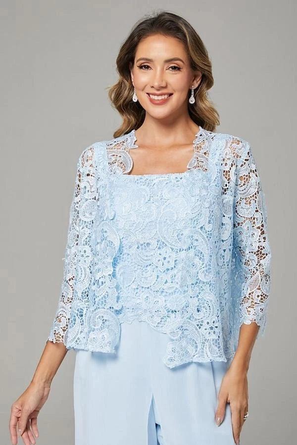 Light Blue Lace 3-Piece Pants Suit Mother of the Bride Dress Square Neck Lace Camisole Top Scallop Hem Wide-Leg Chiffon Pants 3/4 Sleeve Open-Front Lace Jacket Formal Outfit
