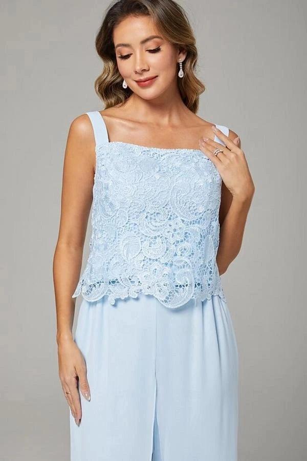 Light Blue Lace 3-Piece Pants Suit Mother of the Bride Dress Square Neck Lace Camisole Top Scallop Hem Wide-Leg Chiffon Pants 3/4 Sleeve Open-Front Lace Jacket Formal Outfit
