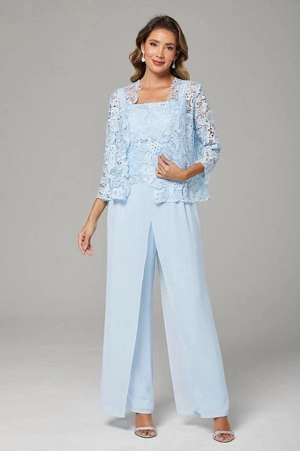 Light Blue Lace 3-Piece Pants Suit Mother of the Bride Dress Square Neck Lace Camisole Top Scallop Hem Wide-Leg Chiffon Pants 3/4 Sleeve Open-Front Lace Jacket Formal Outfit