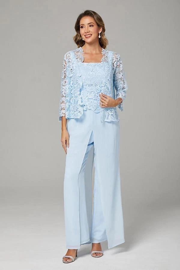 Light Blue Lace 3-Piece Pants Suit Mother of the Bride Dress Square Neck Lace Camisole Top Scallop Hem Wide-Leg Chiffon Pants 3/4 Sleeve Open-Front Lace Jacket Formal Outfit