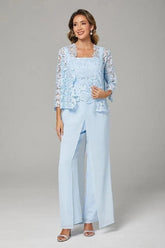 Light Blue Lace 3-Piece Pants Suit Mother of the Bride Dress Square Neck Lace Camisole Top Scallop Hem Wide-Leg Chiffon Pants 3/4 Sleeve Open-Front Lace Jacket Formal Outfit
