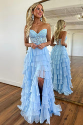 Light Blue Long Tiered Chiffon Prom Dress with Appliques in a Sweetheart A-Line