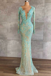 Light Blue Mermaid Beaded Tulle Formal Dress Long Sleeves With Sequins