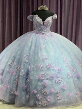 Light Blue Off-Shoulder Cap Sleeve 3D Floral Applique Beaded Ball Gown Quinceanera Dress