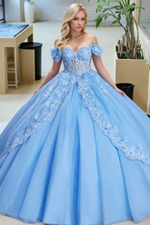 Light Blue Off-Shoulder Short Sleeve Lace Applique Bow Ruffled Ball Gown Quinceanera Dress