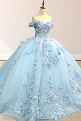 Light Blue Off Shoulder Sleeveless 3D Floral Applique Beaded Ball Gown Quinceanera Dress