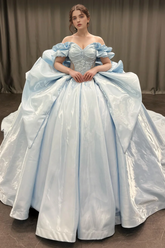 Light Blue Off-Shoulder Sleeveless Ruffle Beaded Applique Bow Ball Gown Quinceanera Dress