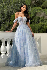 Light Blue Off-Shoulder Sweetheart Sleeveless A-Line Beaded Ruffled Formal Evening Gown