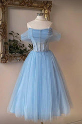 Light Blue Off-The-Shoulder Sleeveless A-Line Tulle Beaded Tea Length Formal Dress