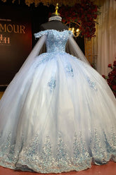 Light Blue Off-The-Shoulder Sleeveless Floral Beaded Ball Gown Quinceanera Dress