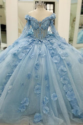 Light Blue Off-the-Shoulder Long Sleeve 3D Floral Rhinestone Ball Gown Quinceanera Dress