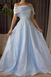 Light Blue Off-the-Shoulder Sleeveless Ball Gown Tulle Beaded Floor Formal Evening Gown