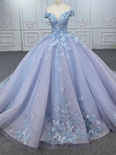 Light Blue Off-the-Shoulder Sleeveless Floral Butterfly Ball Gown Quinceanera Dress