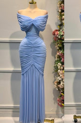 Light blue off-the-shoulder ruched mermaid evening dress