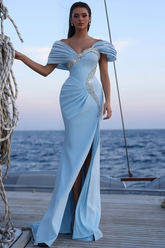 Light blue off-the-shoulder rhinestone mermaid evening dress